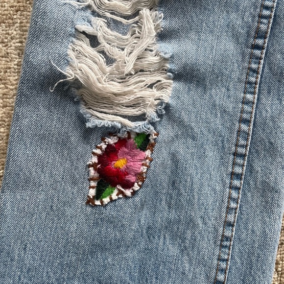 Free People Distressed Low Rise Straight Leg Embroidered Jeans, Size 26 - Picture 3 of 11